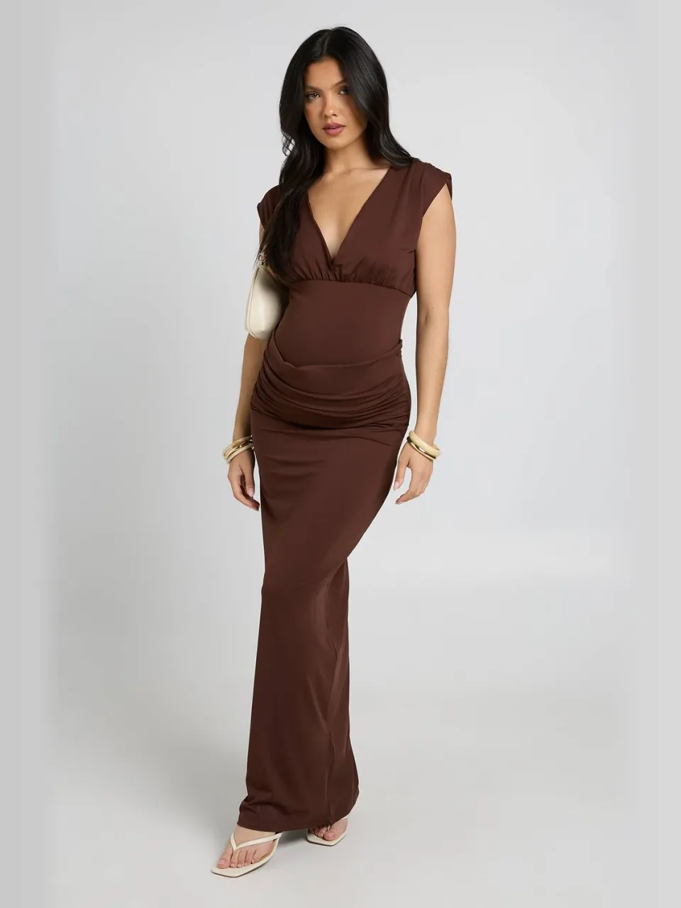 boohoo Dames Zwangerschaps Maxi Jurk Met Drapering chocoladebruin, foto 3