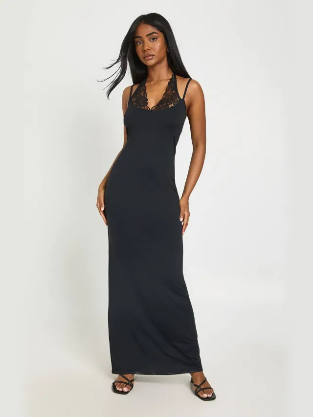 boohoo Dames Maxi-jurk Met Halternek En Kanten Detail Zwart