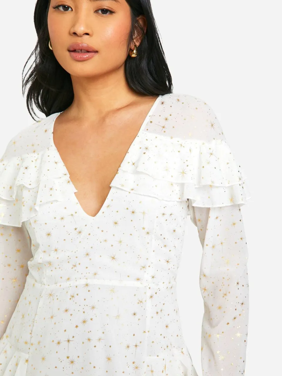 boohoo Dames Petite Ster Gerafelde Detail Diepe V-hals Mini Jurk wit, foto 4