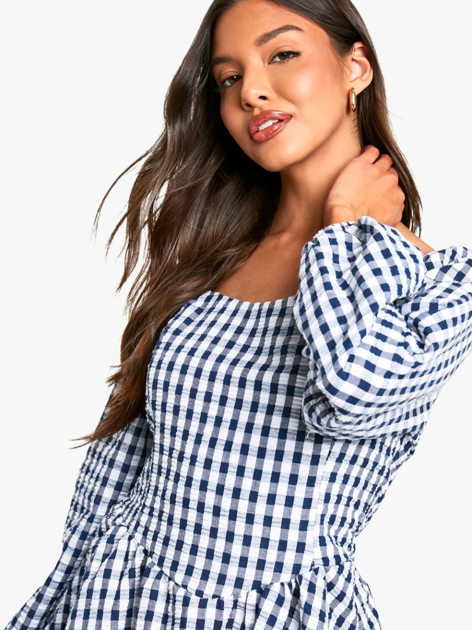 boohoo Dames Gingham Mini Jurk met Lange Mouwen marineblauw, foto 4