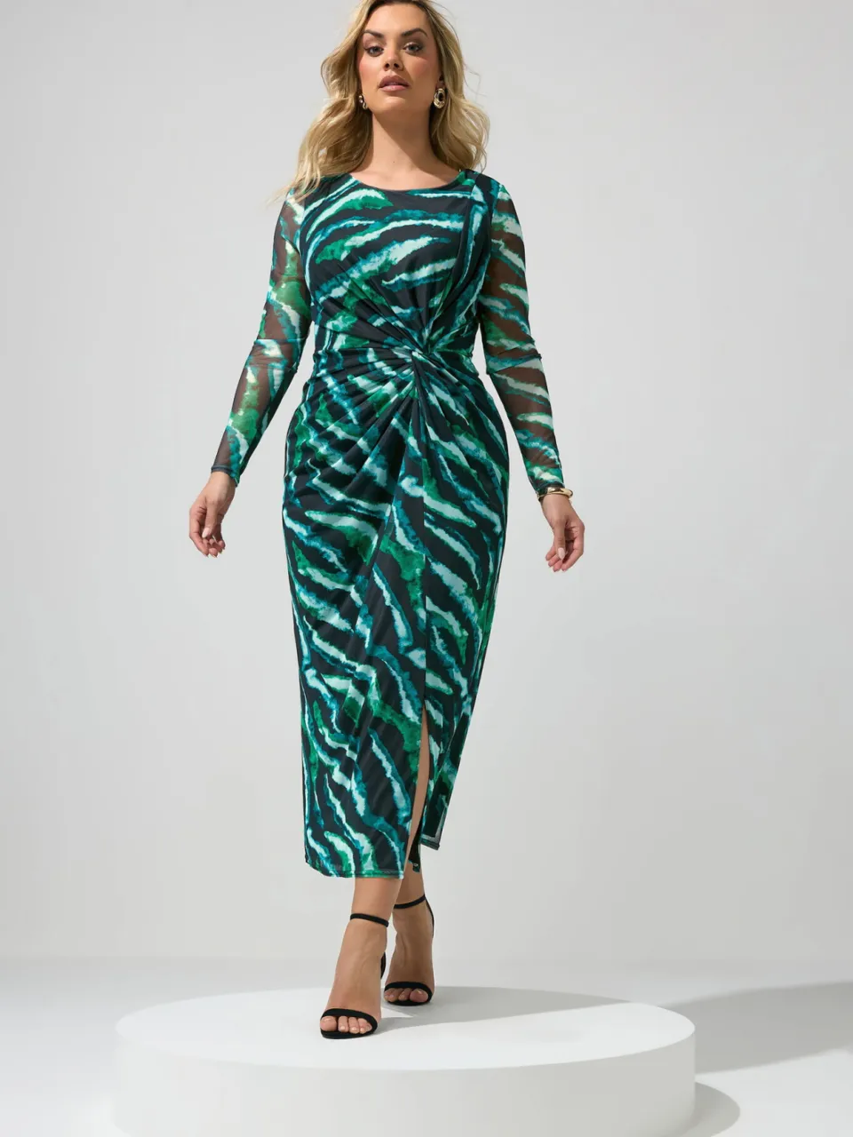 Yours London Mintgroene Zebra Mesh Midijurk Met Zijknoop, foto 2