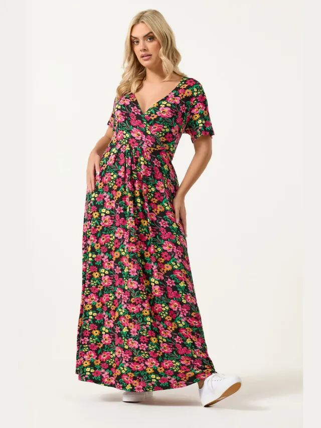 Yours Zwarte En Roze Wikkeljurk Met Bloemenprint Black
