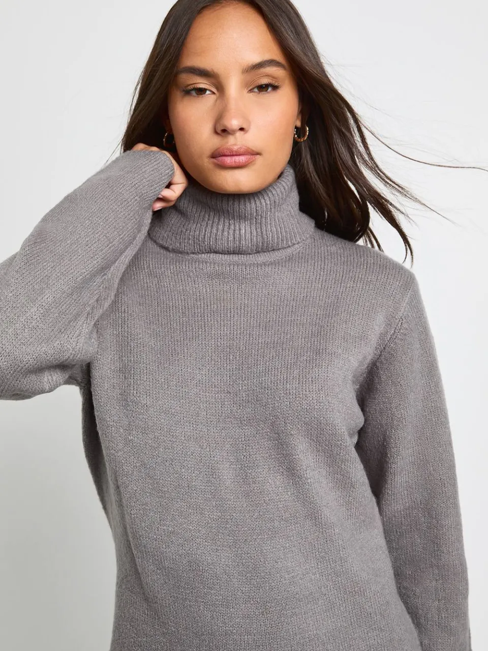 boohoo Dames Rolkraag chunky gebreide mini-jurk grijs, foto 2