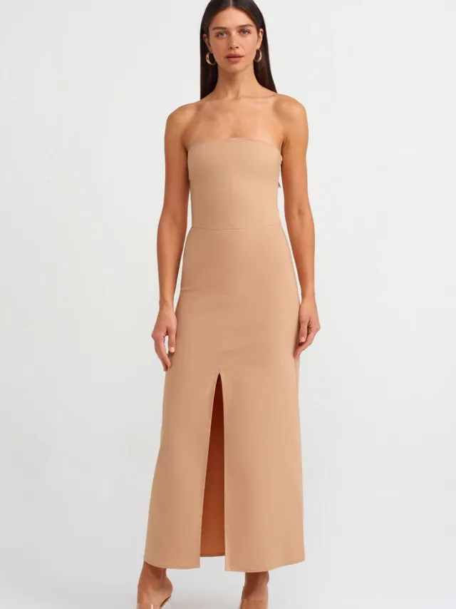 Dilvin Strapless Aansluitende Midi-jurk met Splits Beige