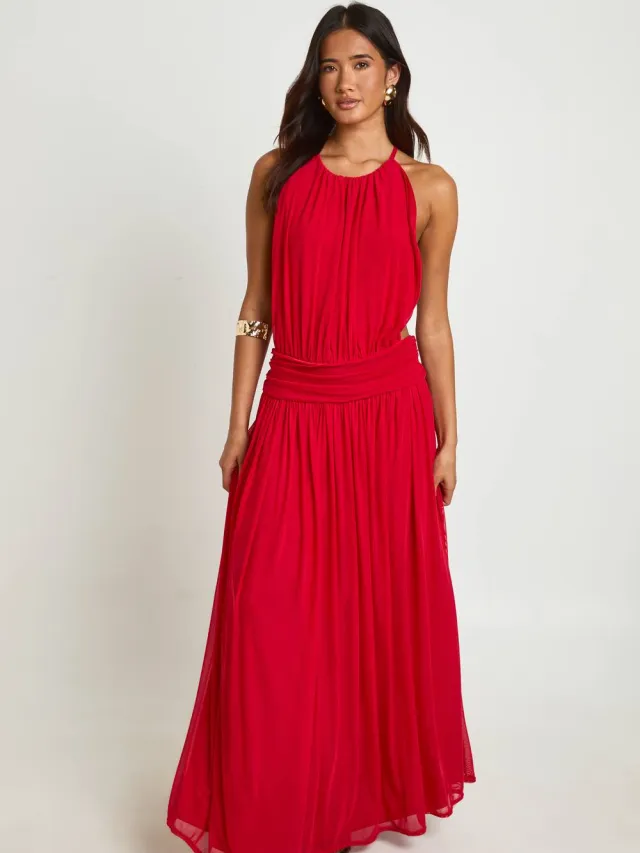 boohoo Dames Maxi-jurk Met Hoge Halslijn, Verlaagde Taille En Open Rug Rood