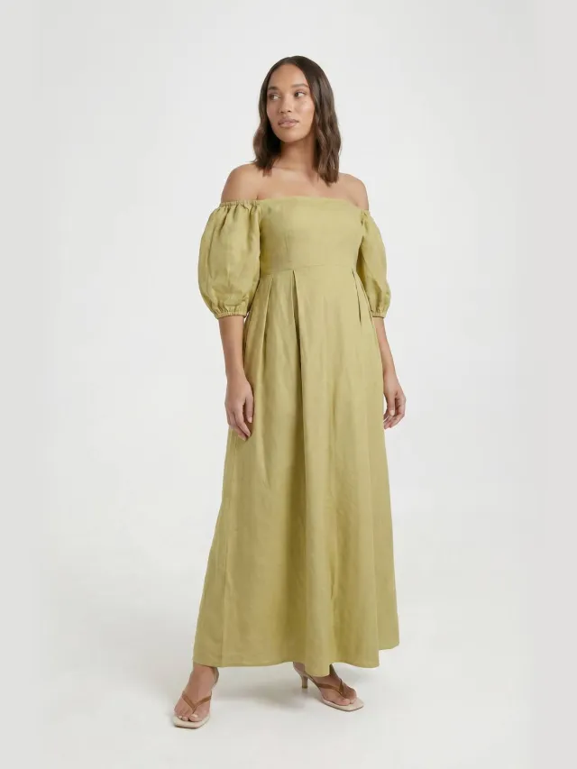 boohoo Dames Zwangerschaps Linnen Pofmouw Bardot Maxi Jurk Pistache