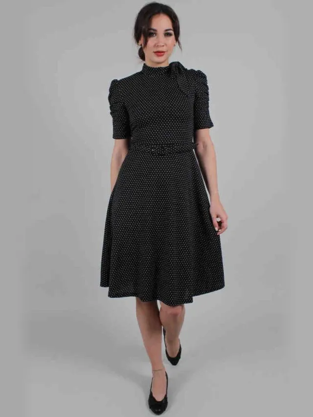 Voodoo Vixen Posie Polka Dot Tie-neck Dames Midi-jurk - zwart