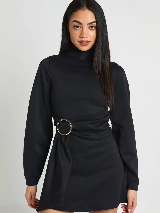 boohoo Dames Aangeknipte Hals Shift Jurk Met Riem zwart, foto 3