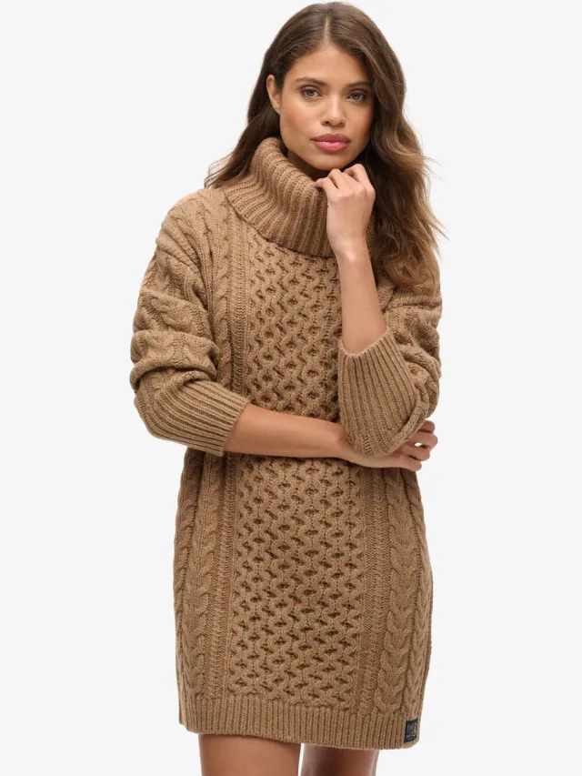 Superdry Kabeltrui-jurk met rolkraag - Dames - Jurken island caramel twist