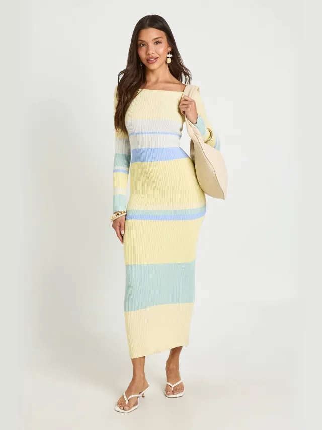 boohoo Dames Premium Gestreepte Gehaakte Maxi Jurk Citroen