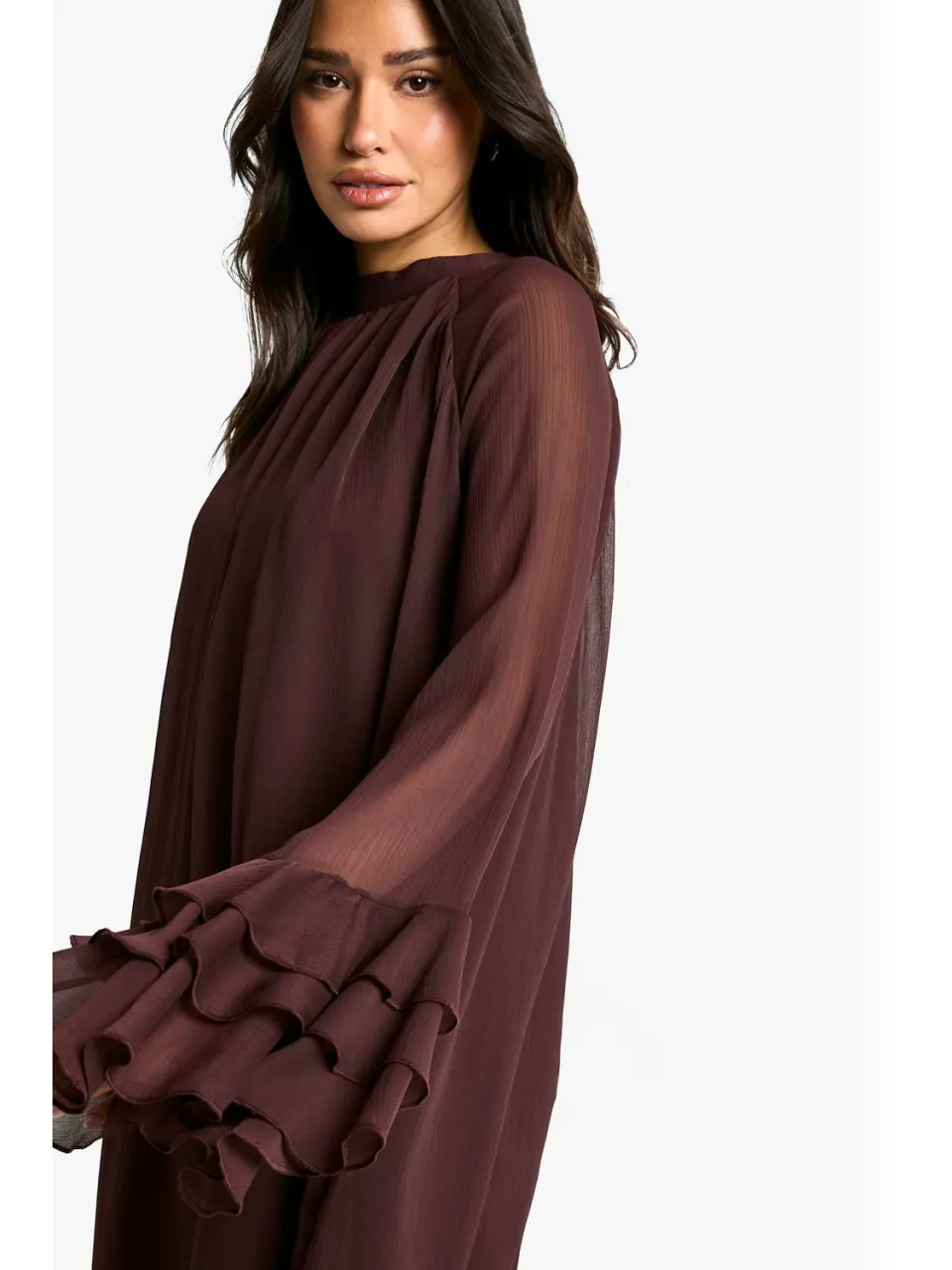 boohoo Dames Tall High Neck Volume Sleeve Chiffon Smock Dress pruim, foto 4