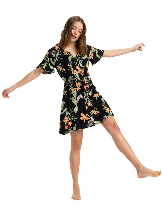 Roxy Tropical Tides Crinkle Korte Mouwen Korte Jurk Zwart XS Vrouw Anthracite Island Escape