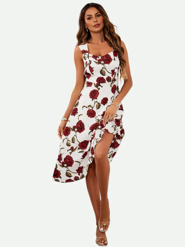 FS Collection Midi-jurk met rode rozenprint en sweetheart-halslijn gebroken wit