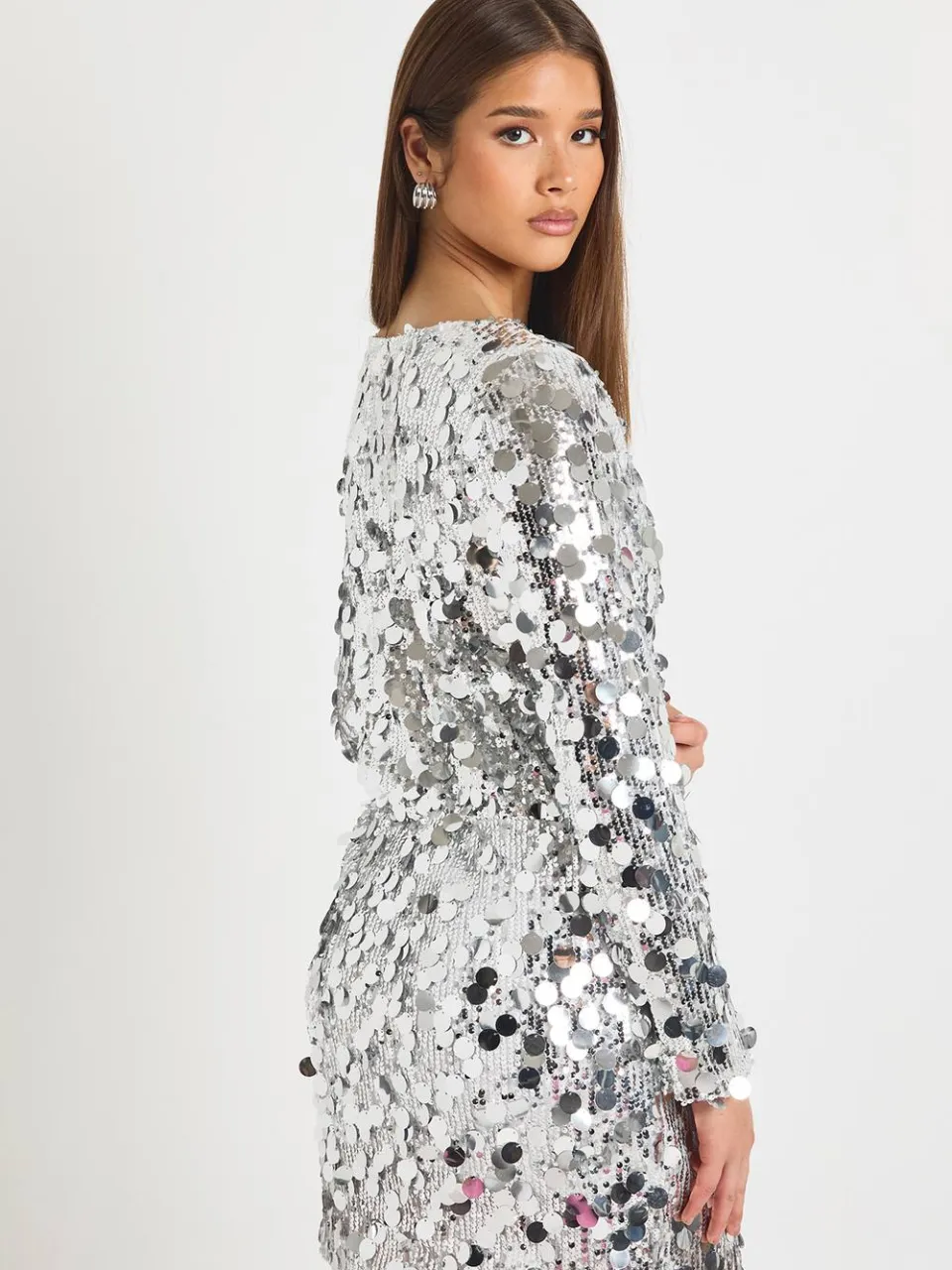 boohoo Dames Disc Sequin Blouson Shift Jurk zilver, foto 3
