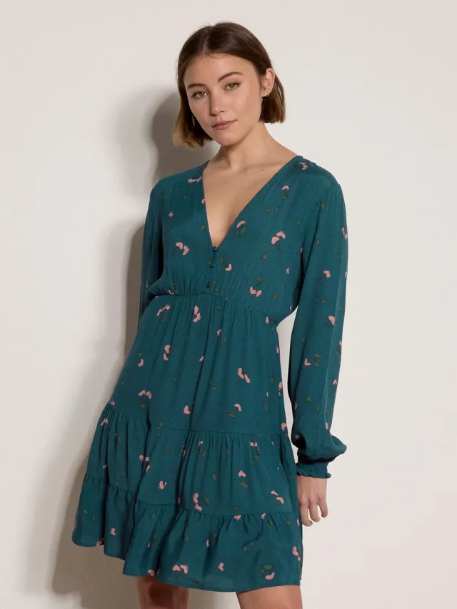Apricot Mini-jurk van crêpe met kersenprint teal