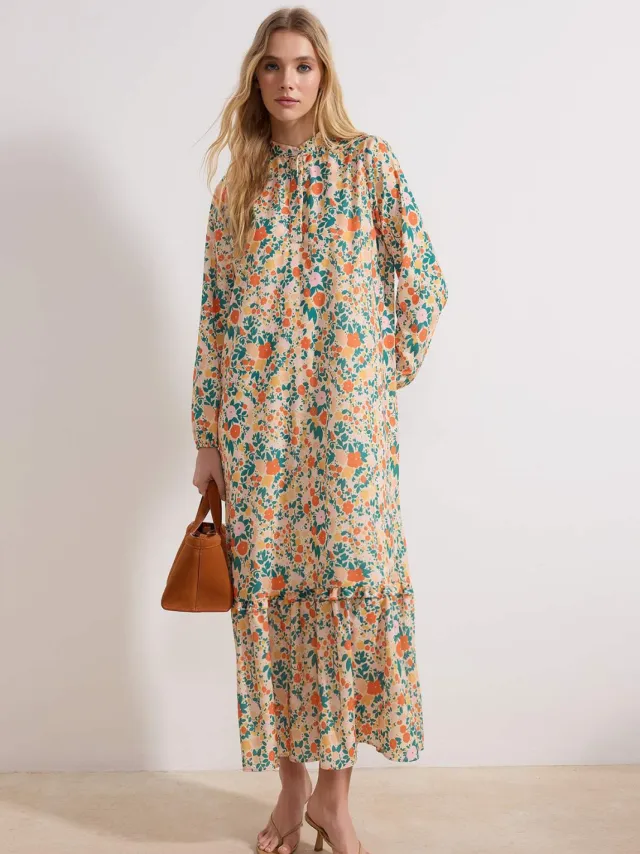 Trendyol Modest Dames Oranje Bloemen Maxi Lang Casual A-lijn Modest Jurken