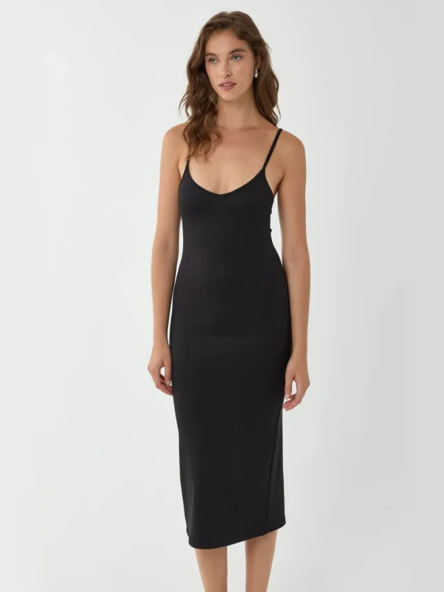 Hiccup V-hals Bodycon Midi-jurk met Dunne Bandjes Zwart