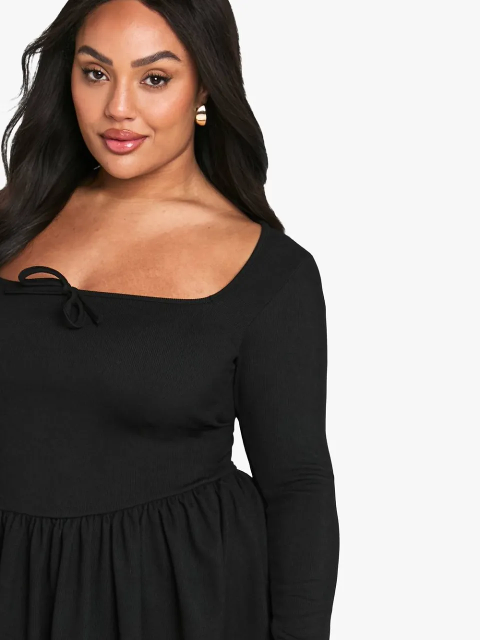 boohoo Dames Plus rib boogdetail skaterjurk zwart, foto 4
