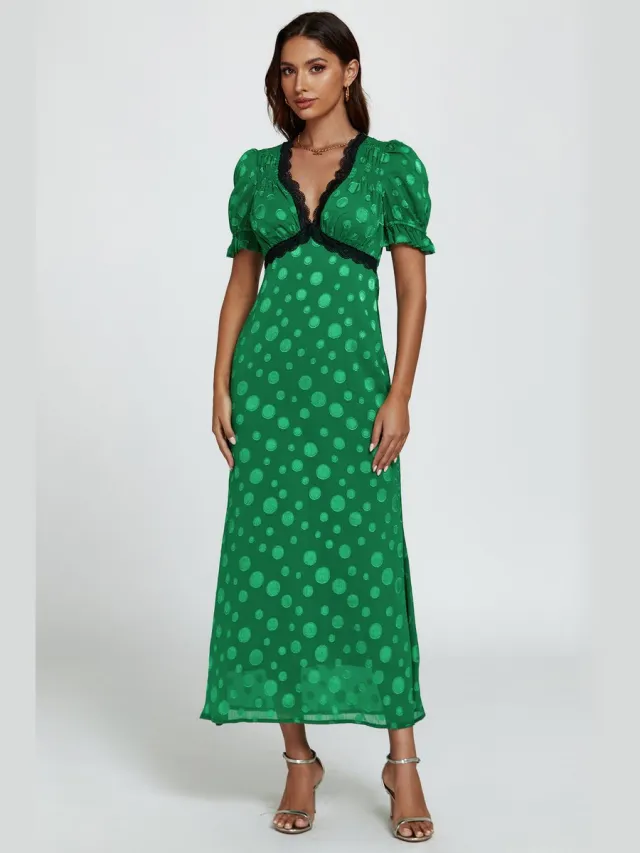 FS Collection Midi-jurk met stippen en jacquardkant in groen