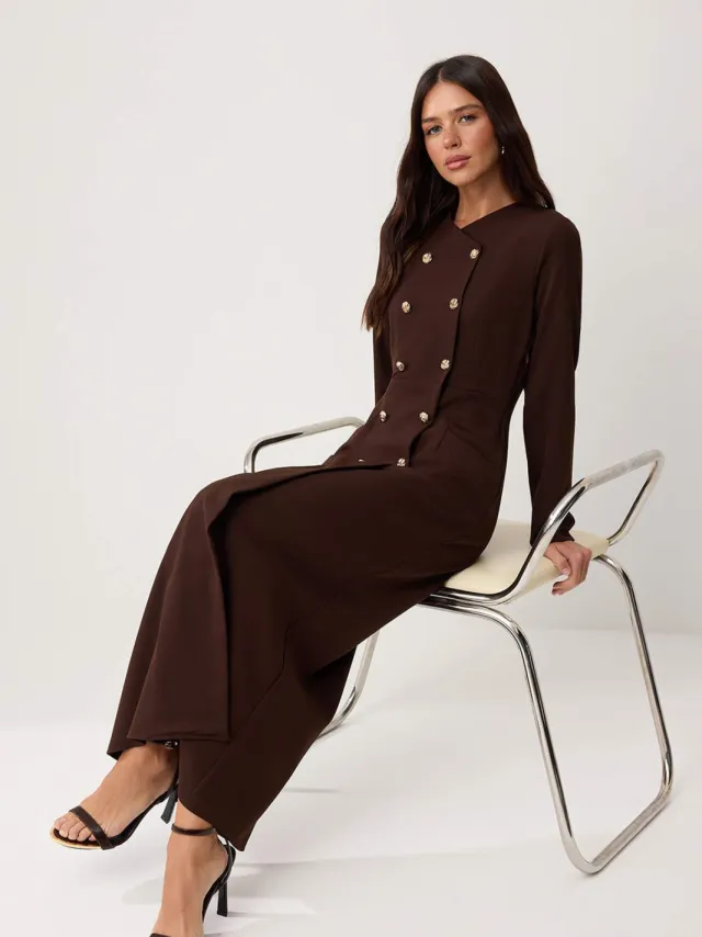 Trendyol Modest Dames Bruin Effen Maxi Lang Zakelijk Double-breasted Modest Jurken