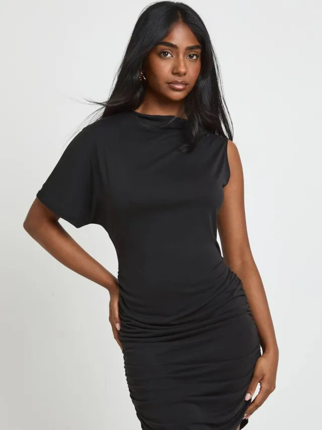 boohoo Dames Geplooid One-shoulder T-shirt Jurk Zwart