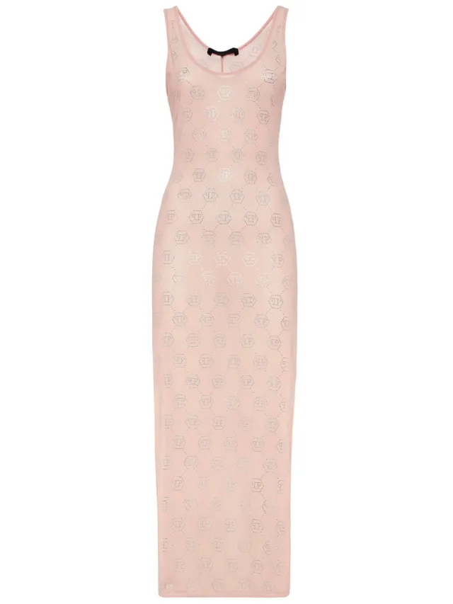 Philipp Plein Long Dress Monogram Strass Nude