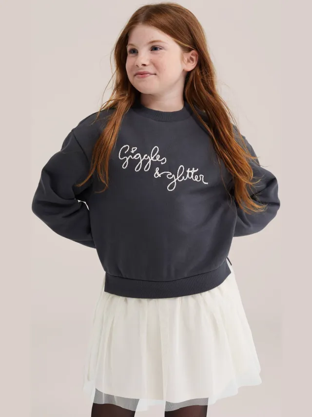 WE Fashion midi sweatjurk met tule donkergrijs wit, foto 4
