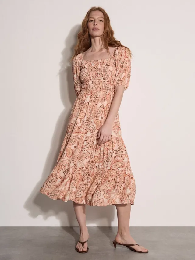 Apricot Midi-jurk met melkmeisjesmodel en paisleyprint Peach