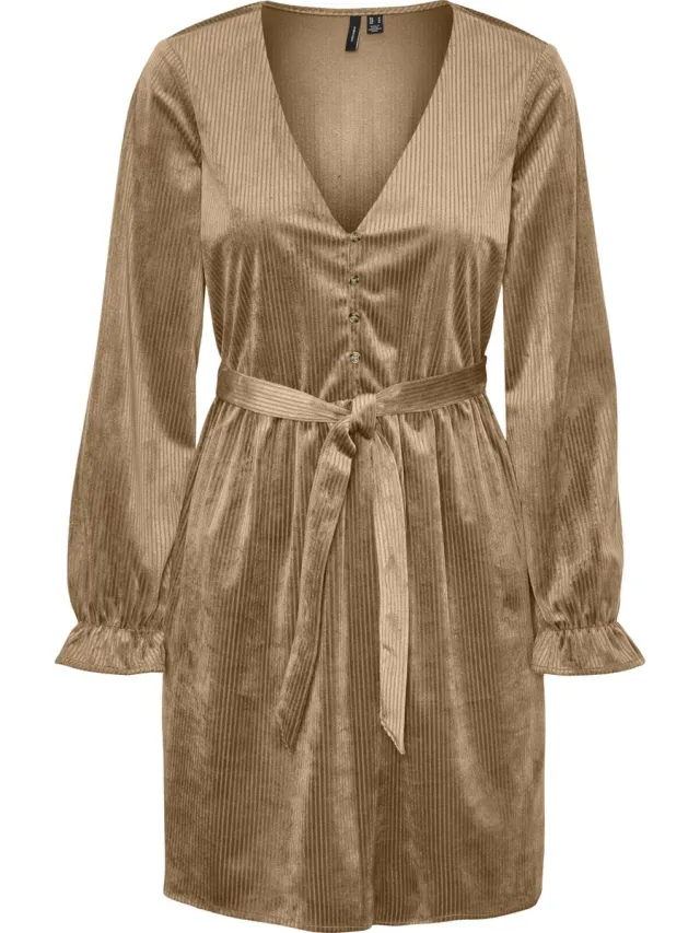 Vero Moda VMLINDA L/S BUTTON SHORT DRESS WVN EXP - Dames - Mini jurken Tobacco Brown