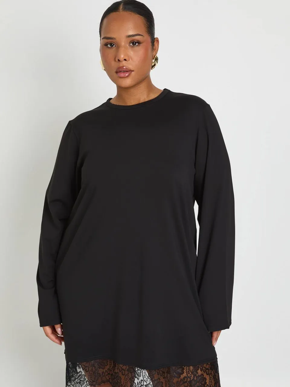boohoo Dames Plus Lange Mouw Kanten Zoom T-shirt Jurk zwart, foto 3