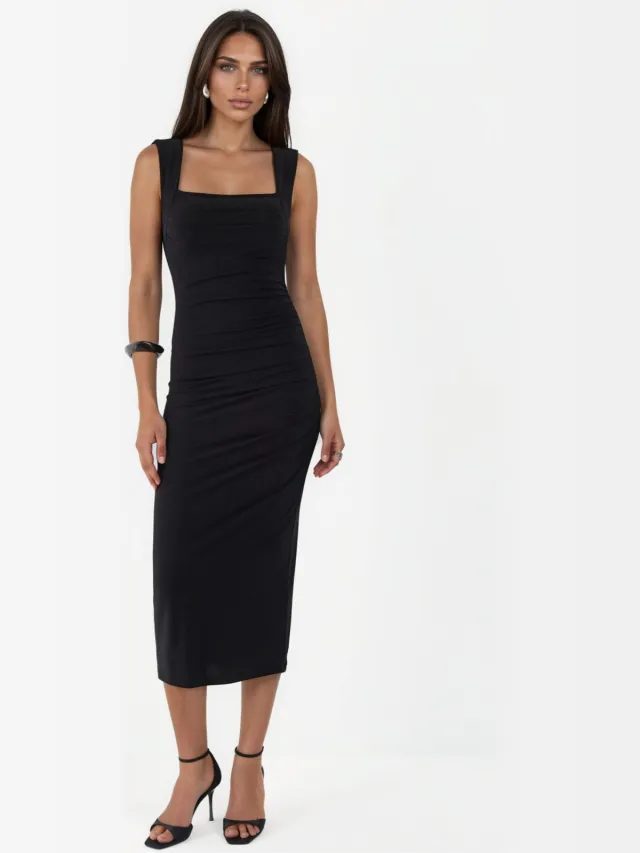 Hiccup Vierkante Korset Bodycon Sandy Midi Jurk Zwart