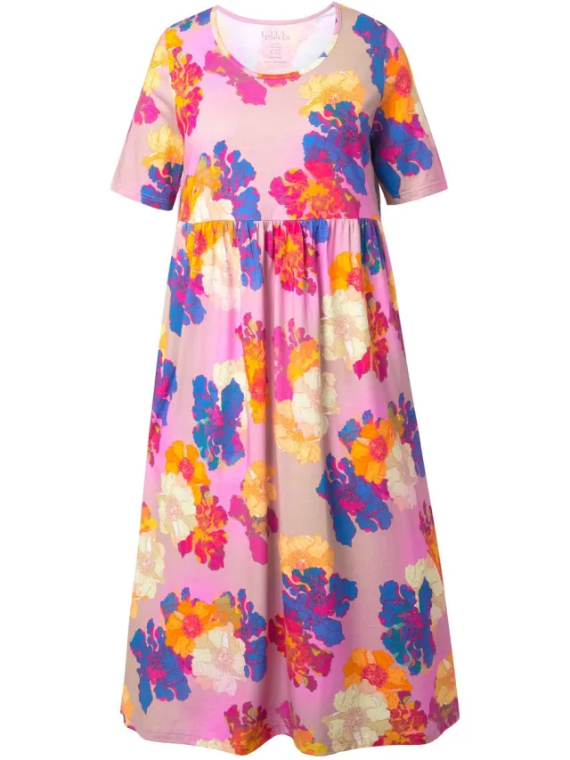 Ulla Popken Dames - Maxi-jurk bloemen A-lijn ronde hals korte mouwen zakken - Lichtroze - Maat 58+