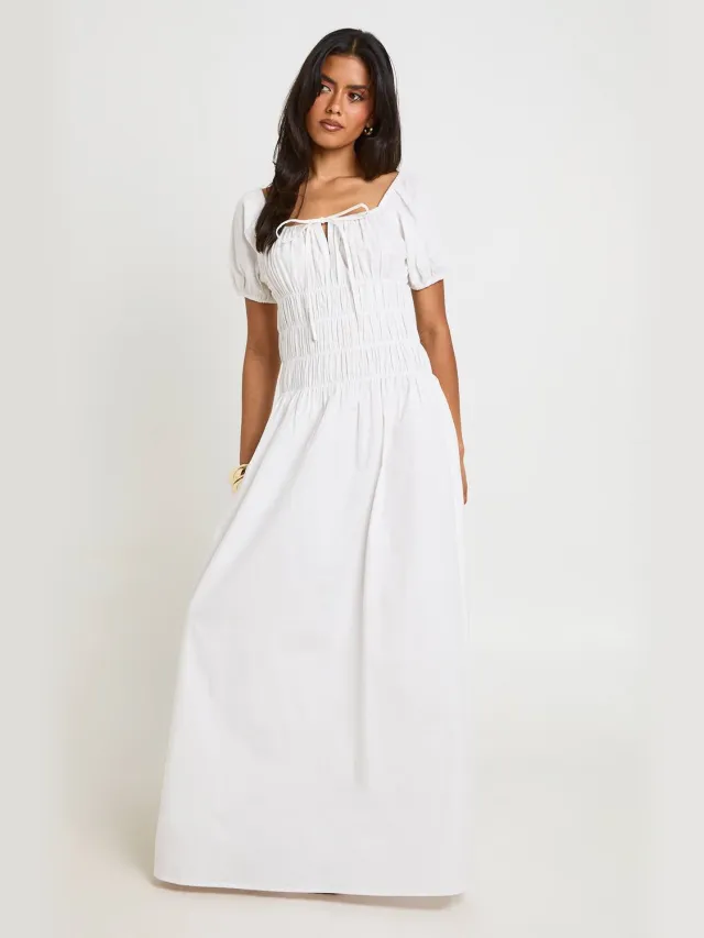 boohoo Dames Katoenen Popeline Maxi Jurk Met Gerimpeld Lijfje En Pofmouwen Wit