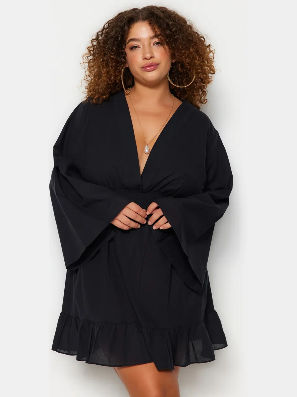 Trendyol Curve Dames Zwart Effen Kort / Mini Lang Strandkleding Skater Grote maten Jurk, foto 2