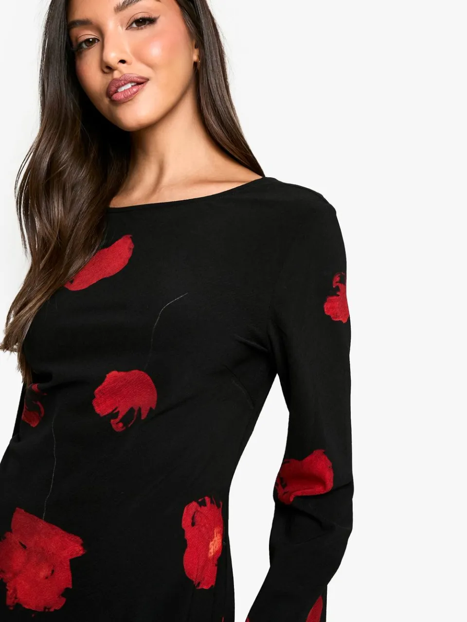 boohoo Dames Donkere Bloemrijke Jurk met Lage Rug en Flare Mouwen zwart, foto 4