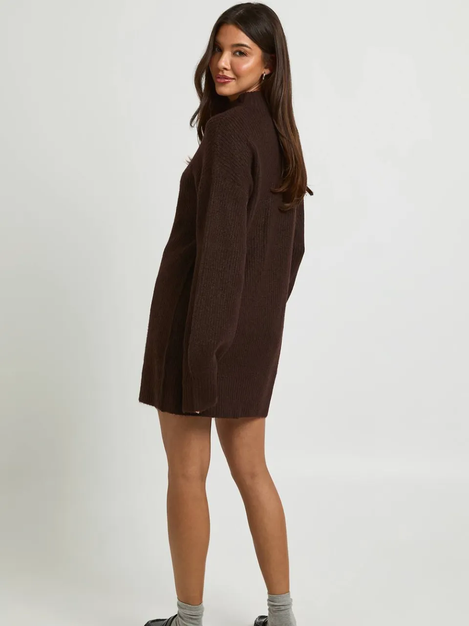 boohoo Dames Zachte Gebreide Oversized Trui-jurk Met Ritskraag chocoladebruin, foto 3