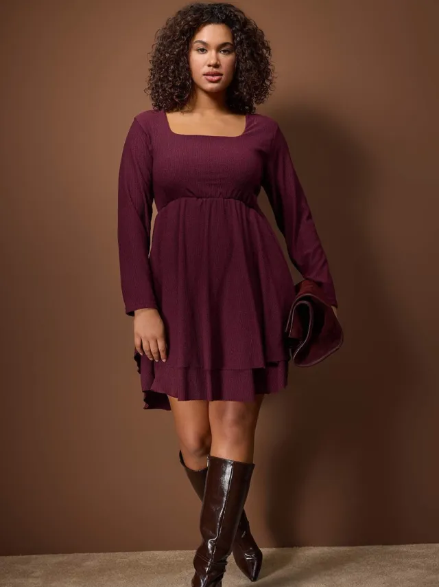 Trendyol Curve Dames Paars Effen Kort / Mini Lang Casual Skater Grote maten Jurk Rood