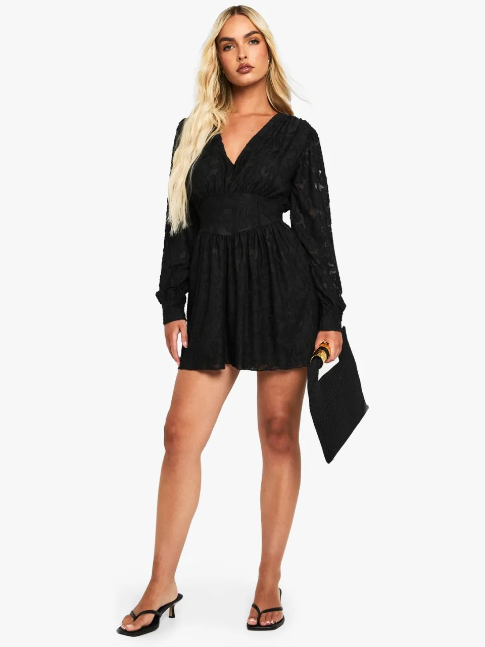 boohoo Dames Burnout Florale Lange Mouw Skaterjurk zwart, foto 3
