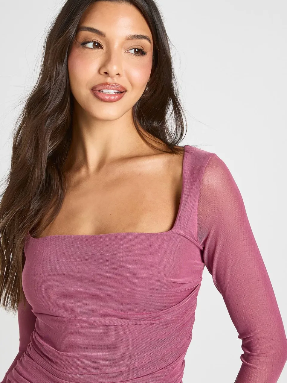 boohoo Dames Bodycon Jurk Met Vierkante Hals En Gerimpeld Mesh moerbei, foto 4