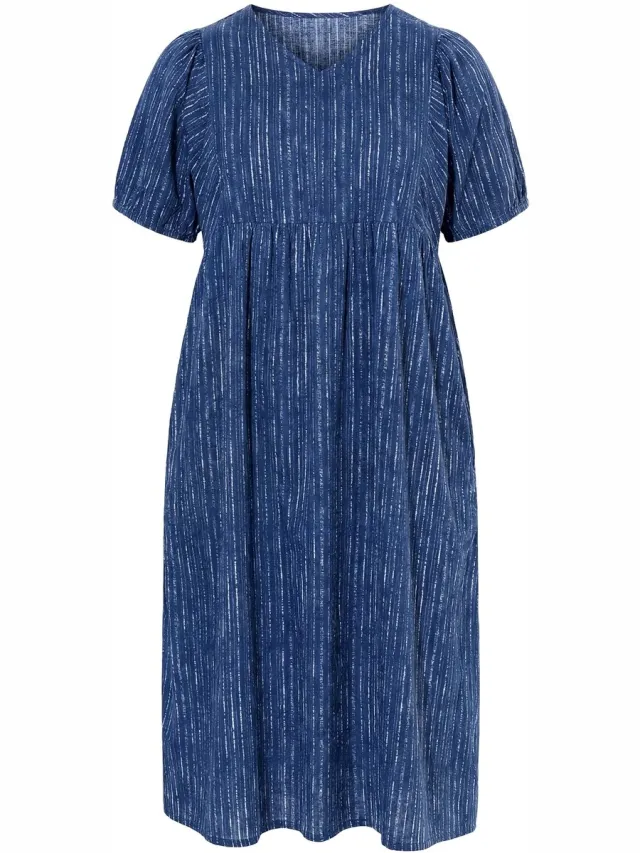 Ulla Popken Dames - Midi-jurk voile A-lijn V-hals korte mouwen - Blauwe bes - Maat 50+