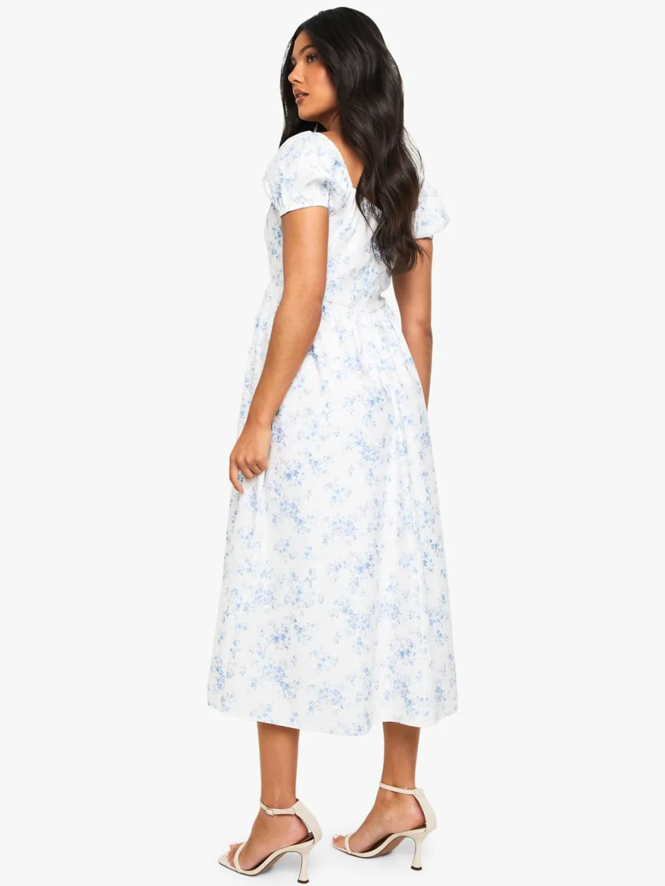 boohoo Dames Zwangerschapsjurk met bengaline, pofmouwen, porseleinen print en melkmeisje midi-jurk lichtblauw, foto 2