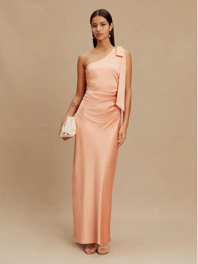 Next Dames - Maxi-bruidsmeisjesjurk met strik en één bedekte schouder - Oranje Apricot