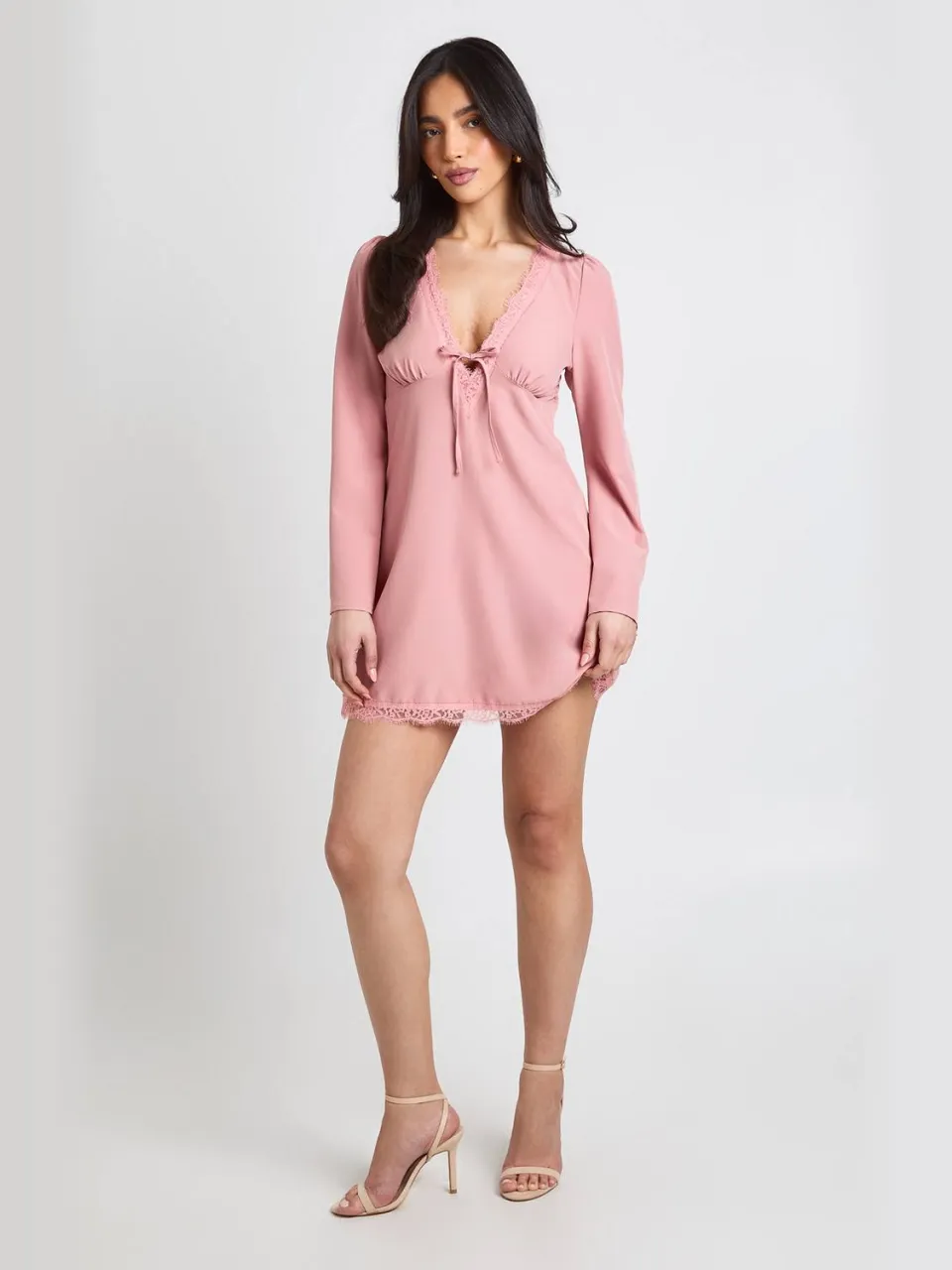 boohoo Dames Mini Jurk Met Uitlopende Mouwen En Kantafwerking woestijnroos, foto 3