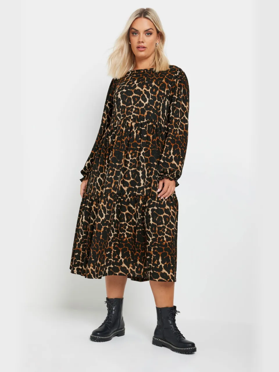 Yours Midaxijurk Met Luipaardprint Met Textuur En Lagen In Bruin-64 Brown