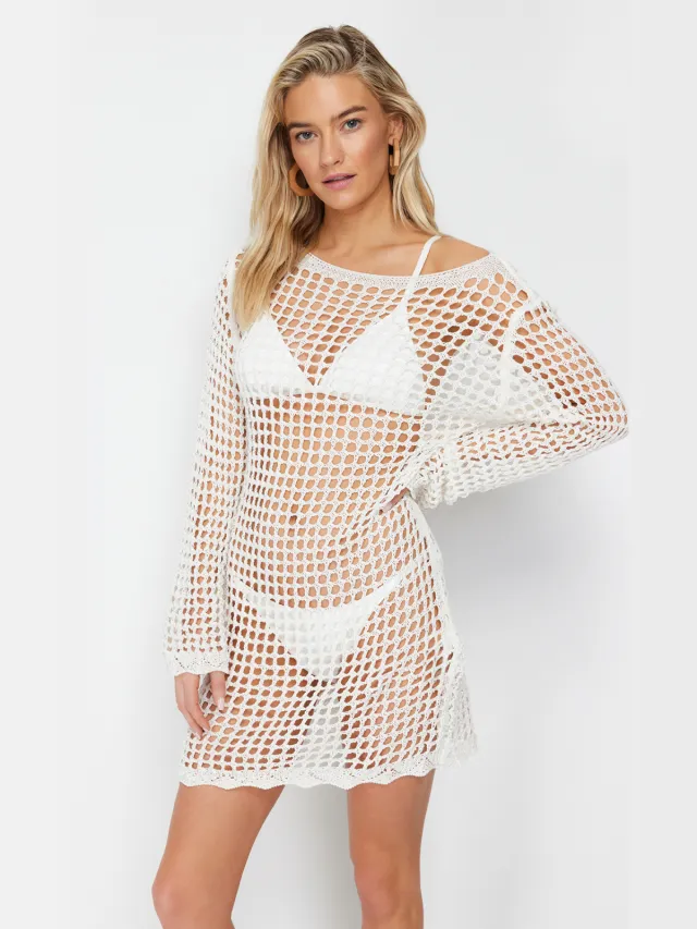 Trendyol TRENDYOLMİLLA Dames Ecru Ajour Kort / Mini Lang Strandkleding Recht Jurken