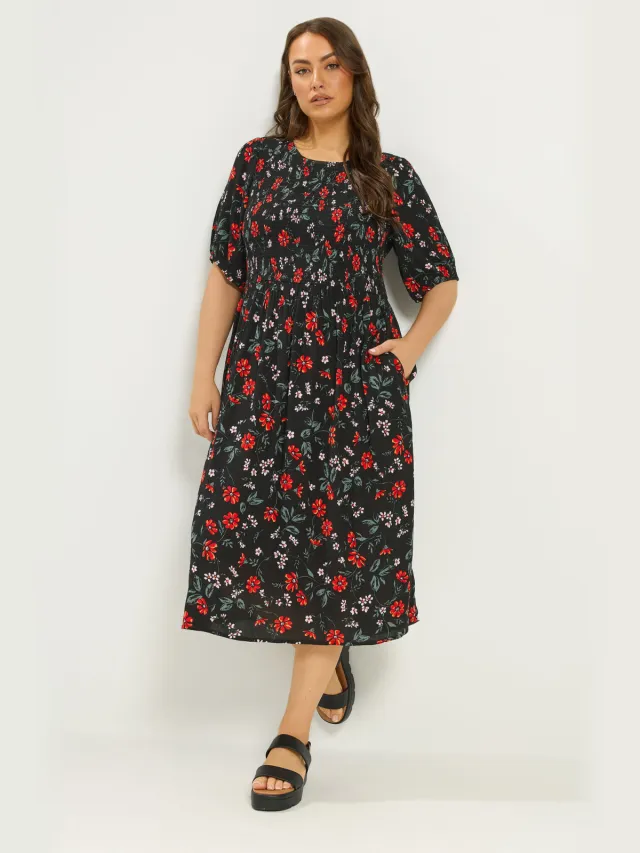 Yours Zwarte Jurk Met Bloemenprint, Pofmouwen En Plooien Black