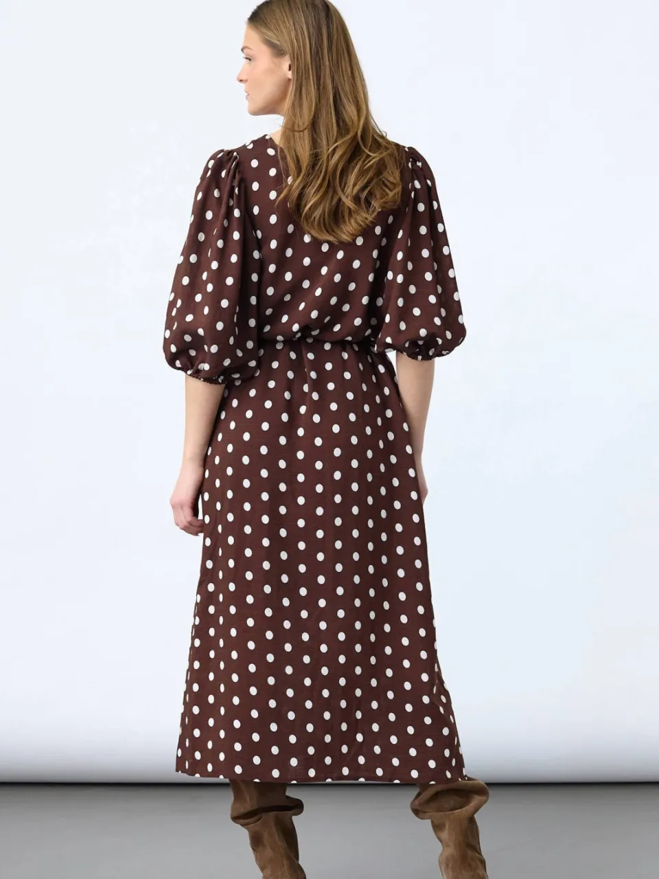 SisterS Point viscose midi jurk met stippen - bruin, foto 3