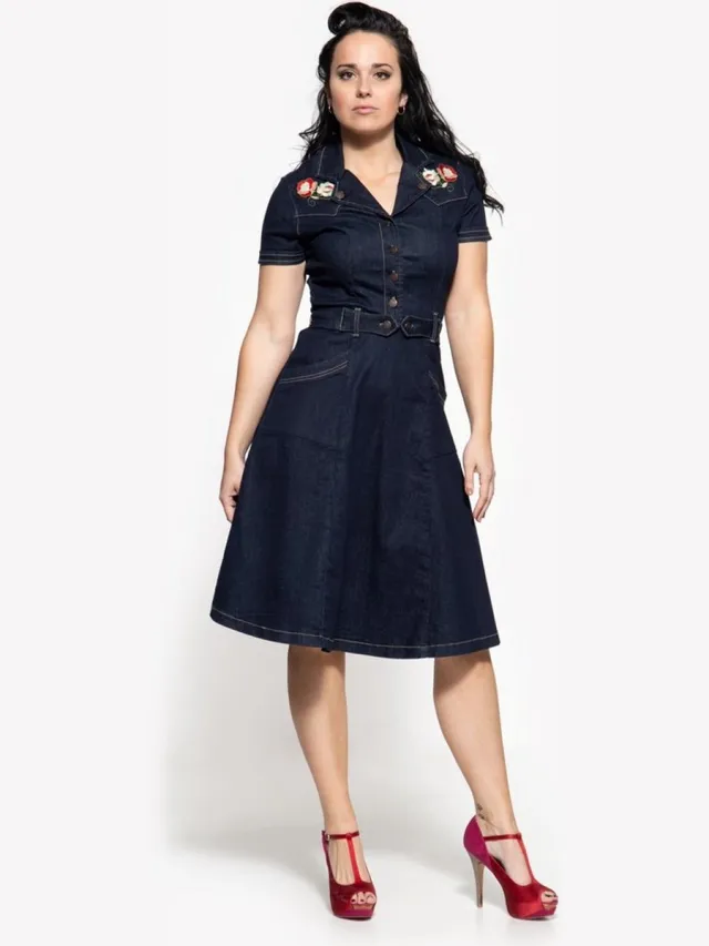 QUEEN KEROSIN Floral embroidery 50's Flare jurk - L - Blauw