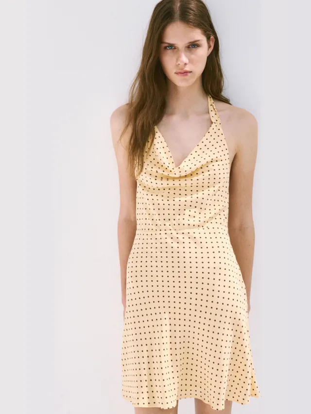 Mango halter mini jurk met stippen - geel geel / bruin