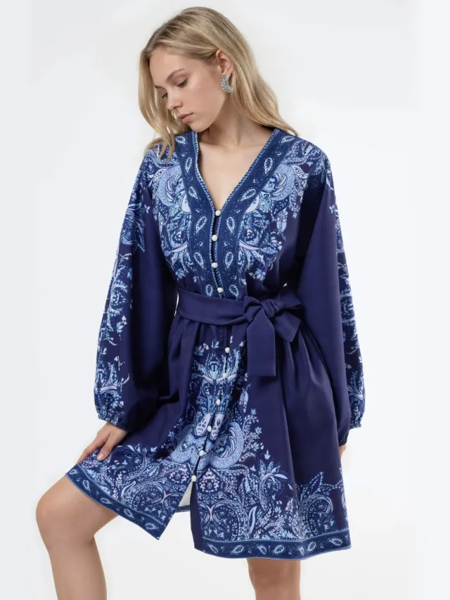 MSN Collection Gestrikt Mini-Jurk met V-hals in Paisley Blauw